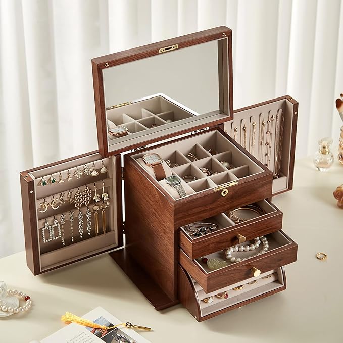CHOSIN Black Walnut Wooden Jewelry Box, 4-Layer Lockable Organizer with Mirror, Rotatable Ring Holder,Side Doors & Brass Handle, Classical Design for Rings, Necklaces, Earrings, Christmas Gifts