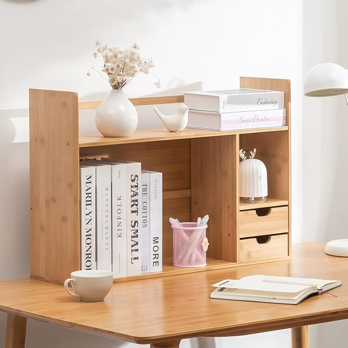 Bamboo Desktop Bookshelf 2-Tier Short Bookshelf with 2 Drawers Desk Shelf for Top of Desk Organizer Shelves Table Top Shelf Desktop Shelves for Offices & Studies (Long Style-26.77" L)