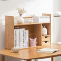 Bamboo Desktop Bookshelf 2-Tier Short Bookshelf with 2 Drawers Desk Shelf for Top of Desk Organizer Shelves Table Top Shelf Desktop Shelves for Offices & Studies (Long Style-26.77" L)