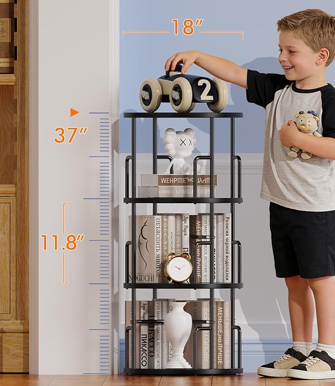 3 Tier Rotating Bookshelf Tower Round Black,37”Floor Standing Spinning Bookshelf Tower Anti-Tipping Design,Metal & Wood Revolving Bookcase Stackable Space Saving for Small Spaces,Study,Living Room