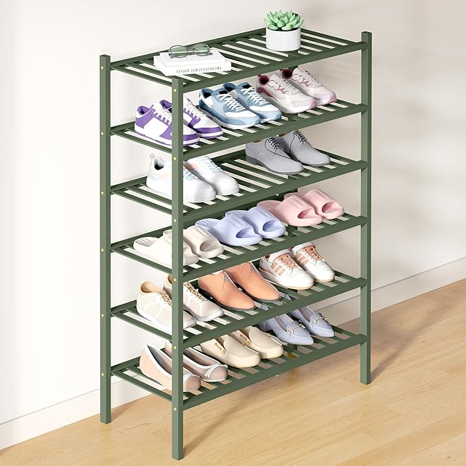 Smiry Bamboo Shoe Rack for Closet, 6 Tier Wooden Stackable Shoe Organizer, Free Standing Shoes Storage Shelf for Entryway, Front Door Entrance, Green