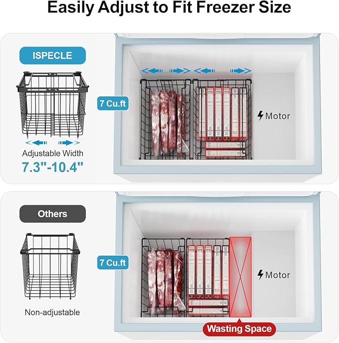 iSPECLE Freezer Organizer Bins - 2 Pcs Hanging Baskets for Deep Freezer, Adjustable Wider & Deeper Chest Freezer Organizer Bins for 5 to 9 Cu Ft, Extra Large & Easy Organize, Black