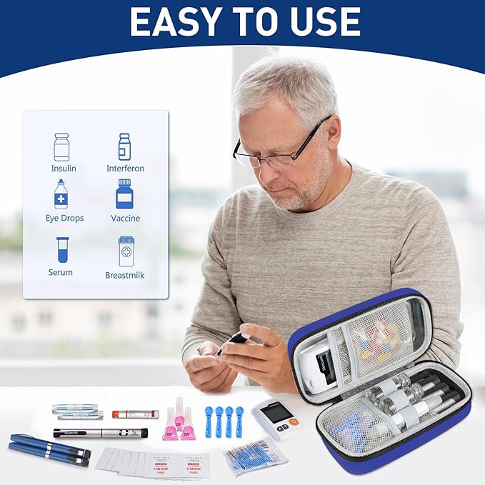 Insulin Cooler Travel Case, Portable Temperature Display Medicine Travel Cooler, Diabetes Case with 2 Reusable Ice Packs TSA Approved for Diabetic Supplies Patent Pending (Blue)