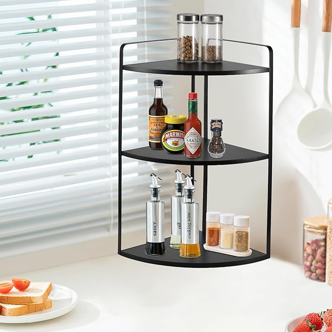 3 Tier Corner Bathroom Counter Organizer, Countertop Organizer, Vanity Organizers, Bathroom Storage Sink Shelf, Wooden and Metal Counter Shelf, Corner Counter (Black)