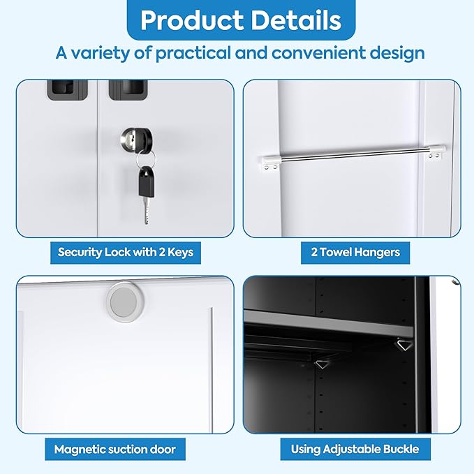 SUXXAN Broom Closet Storage Cabinet with Wheels 71.4"x 31.5"x15.7", Metal Cleaning Cabinets with Hooks and Hanging Rods, Lockable Cabinet with Pegboard, Adjustable Shelf(Black/White)