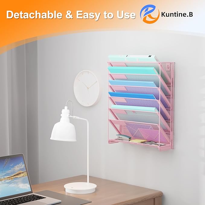 Kuntine.B Wall File Organizer Hanging Magazine Holder (Pink, 7 Tier 2 Pack)