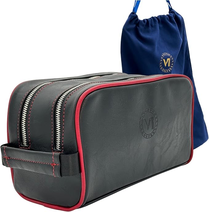 Dopp Gift Large Travel Toiletry Bag Premium Quality PU Leather Two compartments YKK Zippers Water-resistant Bottom Studs Mesh Pockets Durable Cosmetic Organizer BLACK/BURGUNDY