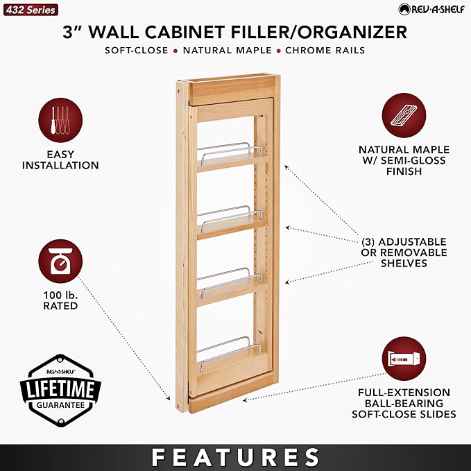 Rev-A-Shelf Kitchen Cabinet Pullout Wall Filler Wooden Organizer Slide Out Pantry Storage w/Soft-Close in Multiple Sizes, 3 x 33 In, 432-WFBBSC33-3C