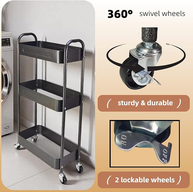 3 Tier Slim Metal Rolling Storage Cart for Laundry Room & Kitchen Organizer, 7.1'' Thin Standing Shelf for Narrow Spaces, Utility Cart with Wheels & Lockable Casters for Bathroom, Black