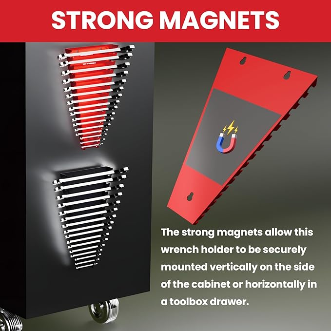 4 Pack Magnetic Wrench Organizer, 64-Slot Magnetic Wrench Organizer Tray for Tool Box & Wall Mounted,Wrench Holder Fit SAE (1/4" - 1-1/16") & Metric (6 mm-24 mm) Wrench Storage (4 pack)
