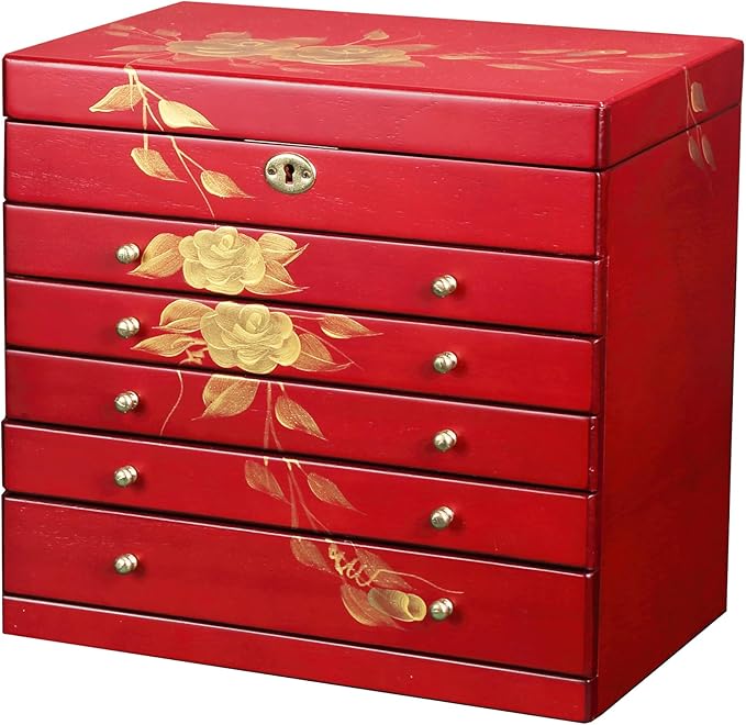 Hand-drawn rose wood jewelry box 6-Layer Jewelry Organizer for women,Large capacity jewelry storage box with lock in red color,store glasses,watches,necklaces,rings,earrings