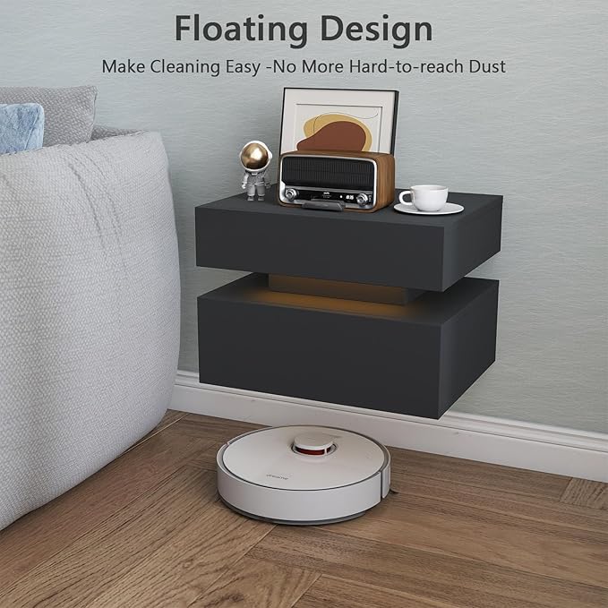 Floating Nightstand Set of 2,Modern Bedside Tables with LED Light for Bedroom,Small Night Stands with Drawers, Wall Mounted End SideTables Set for Living Room