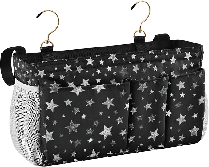 Sparkly Silver Stars Bedside Caddy for Dorm Bed Bedside Hanging Caddy Bag Iron Frame Storage Organizer Pocket for Bunk Home College Hospital Beds 2 Hooks