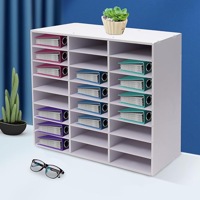 24 Compartments Literature Organizer, Desktop File Sorter Mail Center Paper Storage Cabinet Classroom Mailbox for Files Documents Papers Magazines (White 24Slots)
