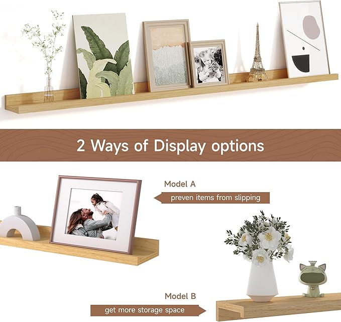 Fun Memories Picture Ledge Shelf for Wall, Floating Shelves Set of 4, 48 Inch Long Nursery Book Shelves for Toys Storage, Kids Bookshelf Wall Mounted for Books Photo Frames, Oak