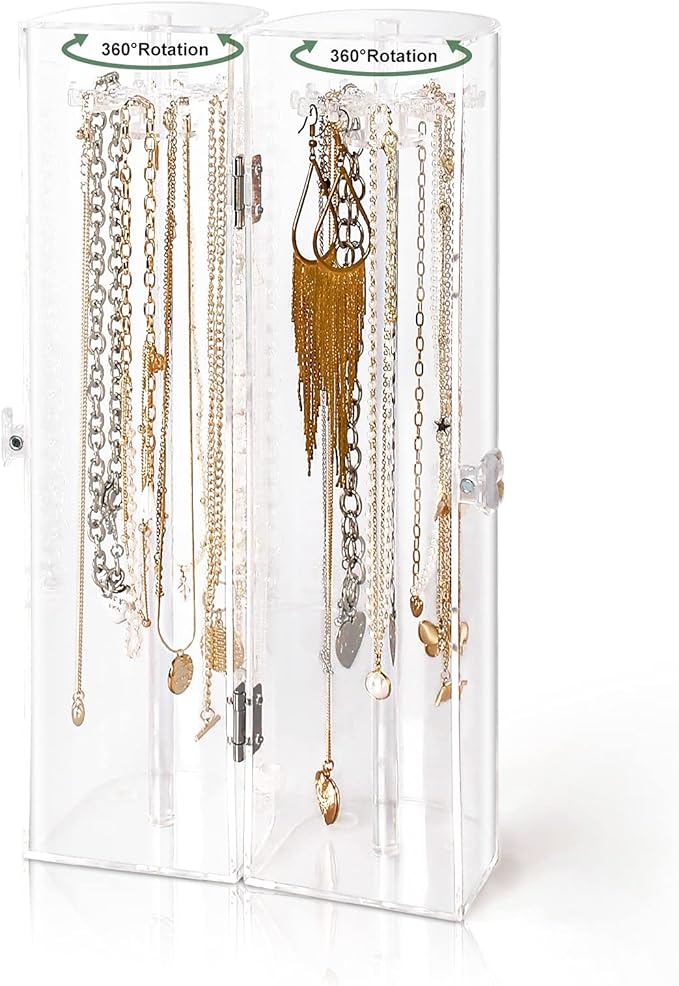 Acrylic Necklace Holder, Clear Necklace Organizer with 24 Hooks, Dustproof Rotation Jewelry Storage Holder Stand, Long Necklaces Pendant Bracelets Display Case for Dresser Bathroom Vanity Countertop