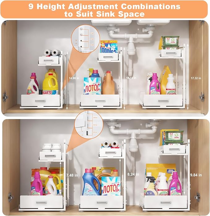 2 Tier Slide Out Kitchen Cabinet Organizers with Pulley, Under Sink Organizer, Under Bathroom Sink Pull Out Organizer with Multiple Height Adjustments for Kitchen and Bathroom Cabinets-White