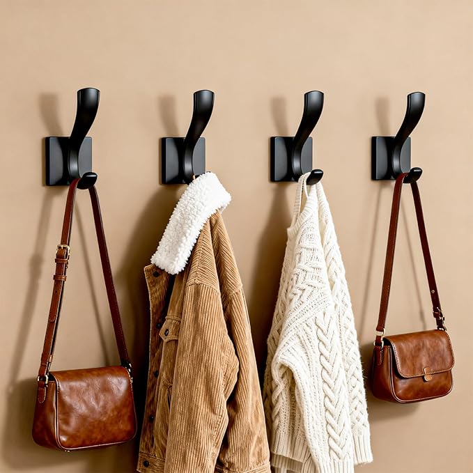 8 Pack Wall Hooks Heavy Duty Towel Robe Coat Hooks for Bathroom Bedroom Entryway with Mounting Hardware Rustproof Aluminum Alloy Black