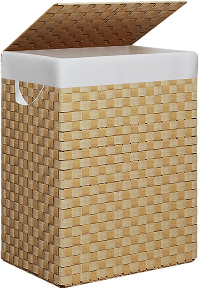 Foldable Laundry Hamper Basket with Lid by Fiona's magic, Handwoven 96L Large Clothes Hamper with Removable Liner Bags, Collapsible Tall Hamper for Bedroom, Bathroom and Dorm Organizer, Natural