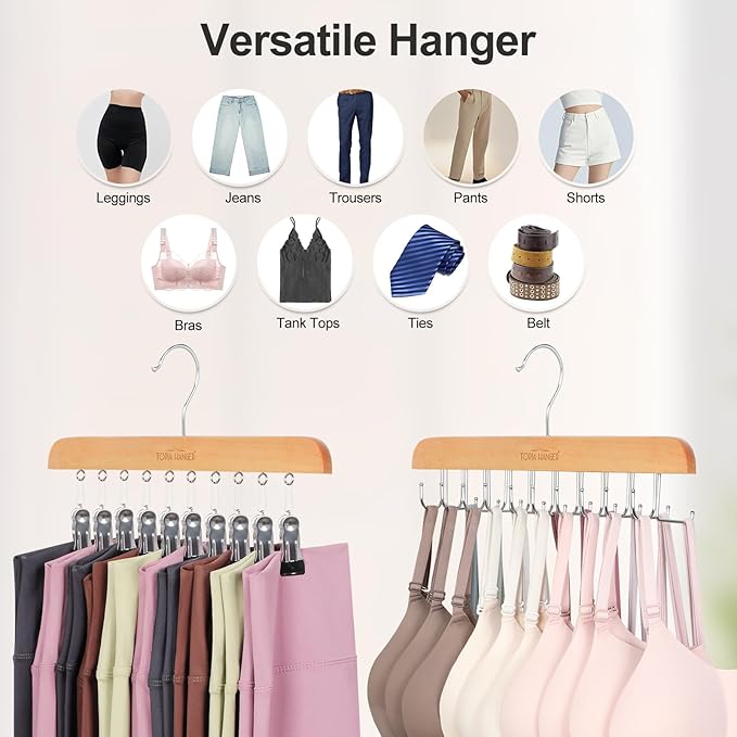 TOPIA HANGER 2 Pack Bra Hanger with Leggings Organizer, 2-in-1 Space Saving Hangers Neatly Store Max 20 Bras and 10 Leggings, Pants Jeans Shorts Skirt Tank Top Hanger for Closet Women Natural CT76N