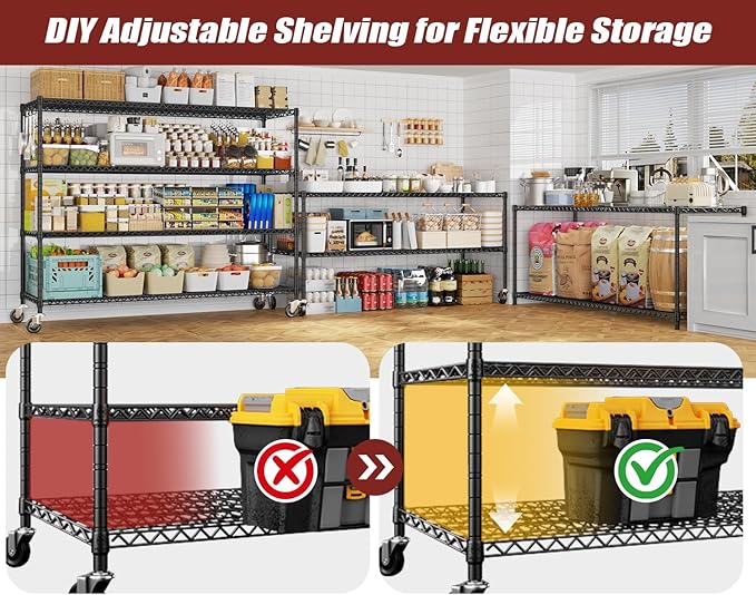 PrimeZone 60" W x 24" D x 76" H Heavy Duty Wire Storage Shelves with Wheels, 4 Tier Adjustable NSF Certified Garage Shelving Unit, Rolling Metal Organizer Shelf Rack for Warehouse, Pantry, 4 Packs