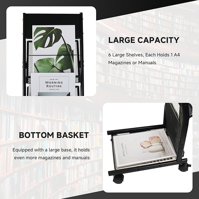Floor-Standing Magazine Rack 6-Layer with Wheels, Brochure Display Stand for Exhibitions, Office, and Any Organization Requiring Information Display