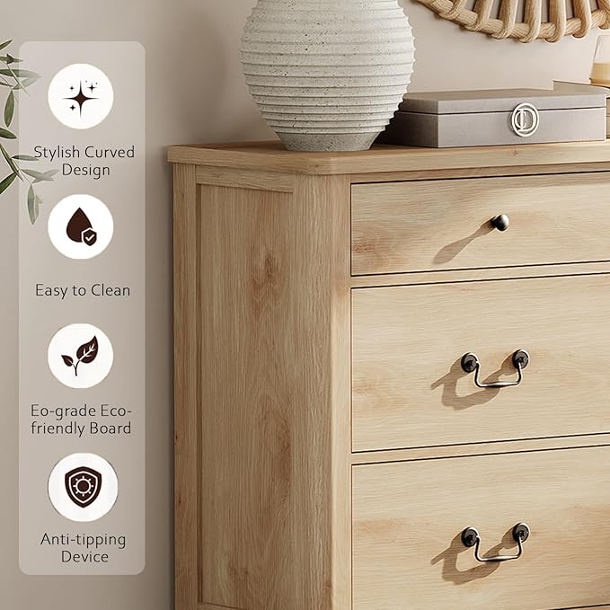 WAMPAT Dresser for Bedroom with 6 Drawers, 47.2" Wide Farmhouse Dressers Chests of Drawers with Curved Profile Design, Wood Closet Organizer for Bedroom, Hallway, Oak