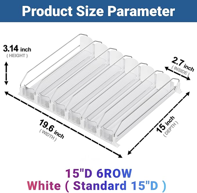 Drink Organizer for Fridge,12oz 16oz 20oz - Soda Can Dispenser for Refrigerator,Width Adjustable,Automatic Pusher Glide (White, 15"D 6ROW, Holds 30 Cans)
