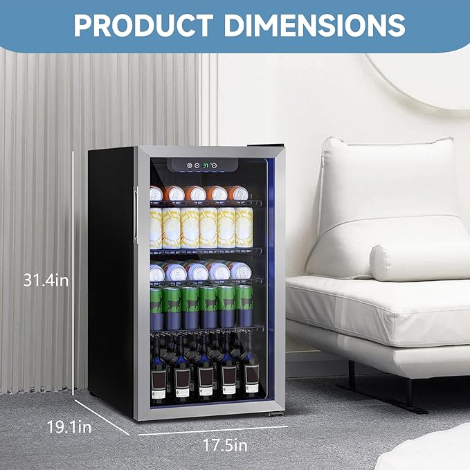 Beverage Refrigerator Cooler, 126 Can Mini Fridge Glass Door for Drinks Soda, Beer, or Wine - Small Refrigerator for Office Bedroom Home Bar, Adjustable Shelves, 3.2 Cu.Ft, Silver
