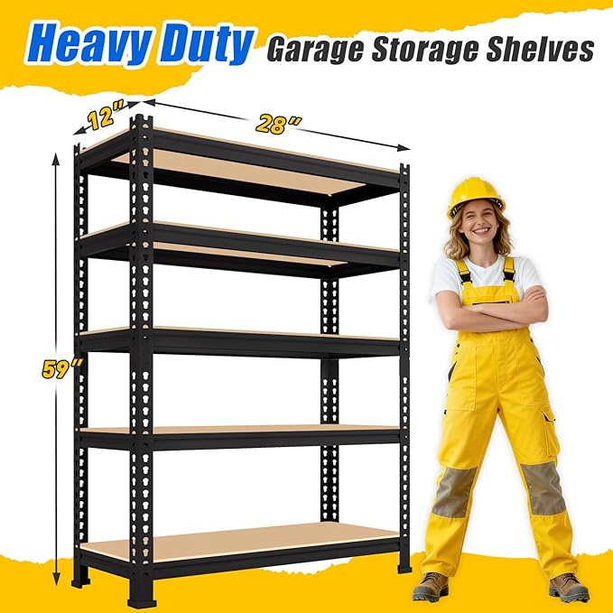 5-Tier Metal Storage Shelves: Heavy Duty Garage Shelving Adjustable Shelves for Storage - Black Utility Rack Shelf for Pantry, Warehouse, Office, Kitchen, 28" W x 12" D x 59" H, 3PCS