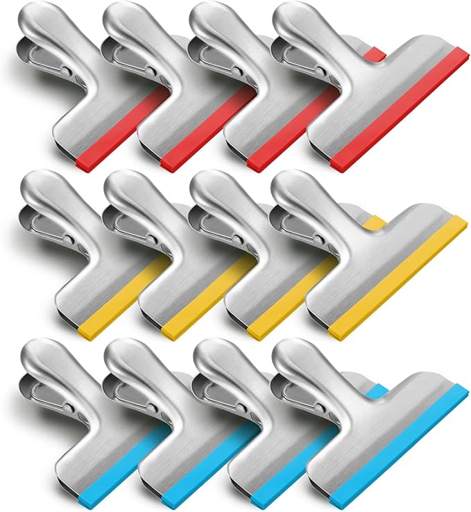 HOUSE AGAIN 12 Pack Stainless Steel Chip Bag Clips Covered with Silicone - NO More Sharp Edges - Color Coded for Food Bags - Air Tight Seal, Heavy Duty for Kitchen and Office, 3 Inches