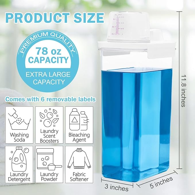2 Pack 78 oz Liquid Laundry Detergent Dispenser Laundry Detergent Container Liquid Detergent Dispenser for Laundry Room Organization with 6 Removable Labels for Softener Bleach Powder Soda