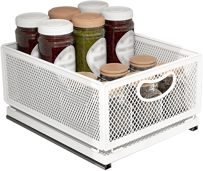 Sliding Cabinet Basket Organizer Drawer Self Adhesive Slide out Pantry Shelves Heavy Duty Carbon Steel Slide Cabinet Storage Basket with Handle for Bathroom Kitchen Home