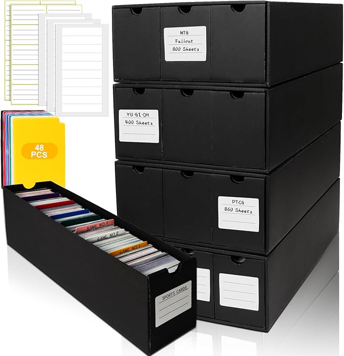Trading Card Storage Box, Includes 12-600 CT Boxes & 48 Card Dividers, 12000+ Trading Card Organizer for Collectible Card Games, for TCG, MTG, PTCG, Baseball Cards, with Labels & Tapes