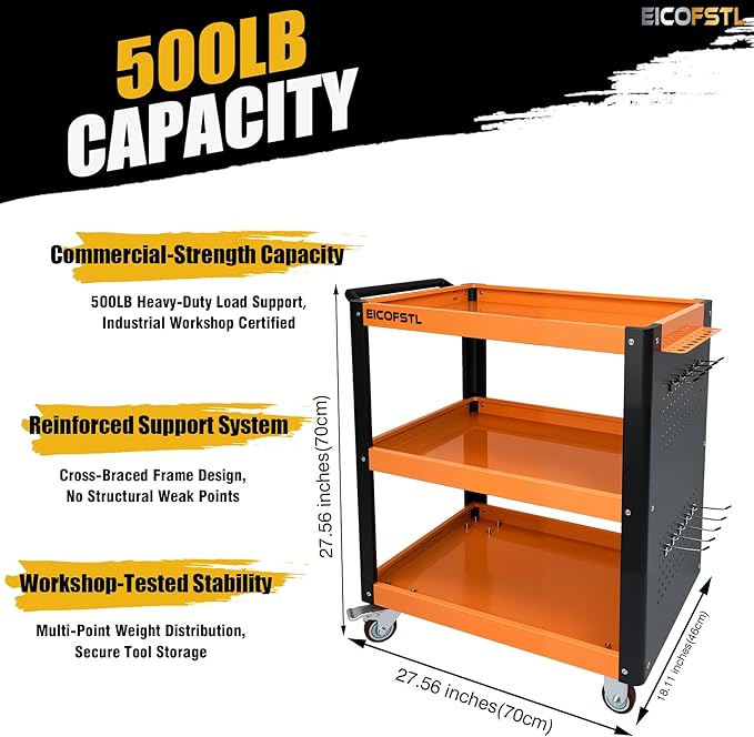 Stainless Steel Utility Cart with Pegboard & Screwdriver Holder, Heavy-Duty Alloy Steel 3-Tier Tool Cart, 500LB Capacity, 4 Wheels with 2 Locking Casters for Garage, Workshop, Home