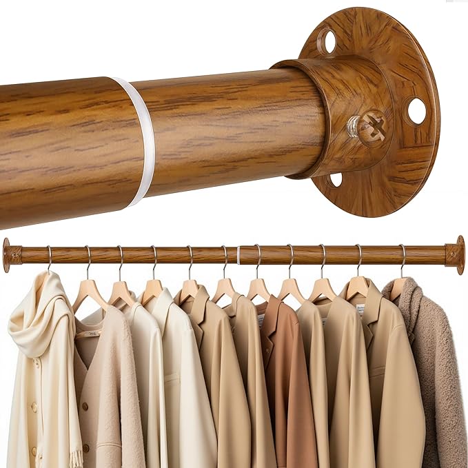 Closet Rods for Hanging Clothes, 17-52 Inch Heavy Duty and Stepless Adjustable Closet Poles, Stainless Steel Closet Hanging Rod for Wardrobes, Laundry Room, Bathroom, RV (Wood-Grain Finish)