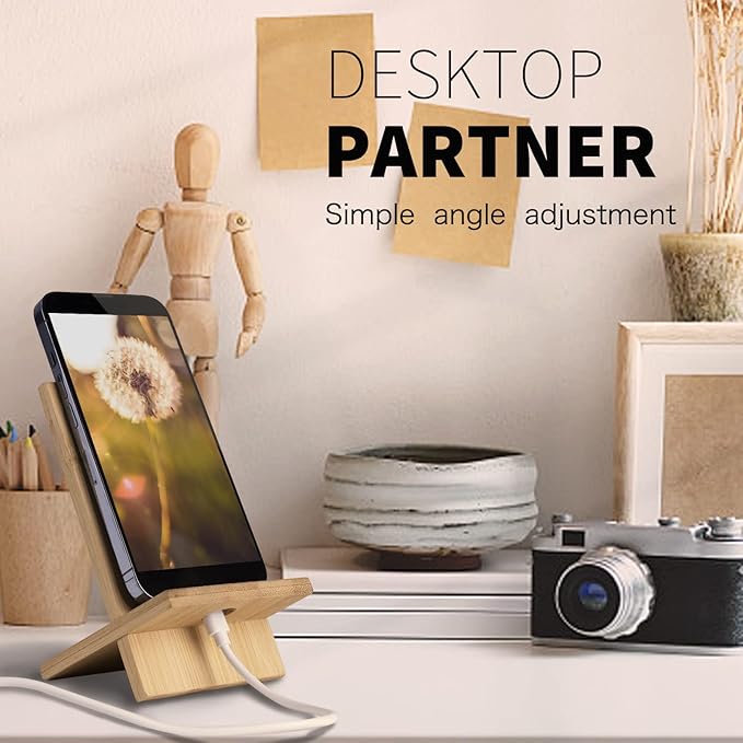 Bamboo Tablet Holder - Adjustable Folding iPad Stand with Charge Port for Desk or Cooking