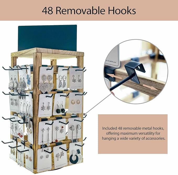 Wooden rotating Jewelry Display Stand with Removable 48 Hooks advertising board, For Earring Cards necklace bracelet Keychain Jewelry Organizer For Selling For vendor events (brown)