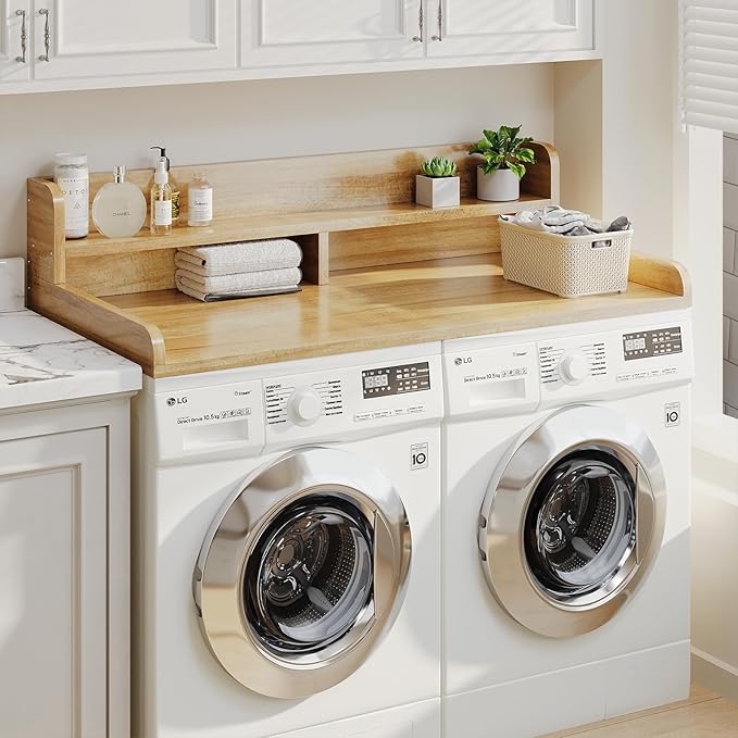 Washer Dryer Countertop with 2-Tier Shelf, 54" W x 27.55" D Laundry Countertop with 2.75" H Guard Edge Rails, Wood Topper with Non-Slip Pad (Pure Wood Color)