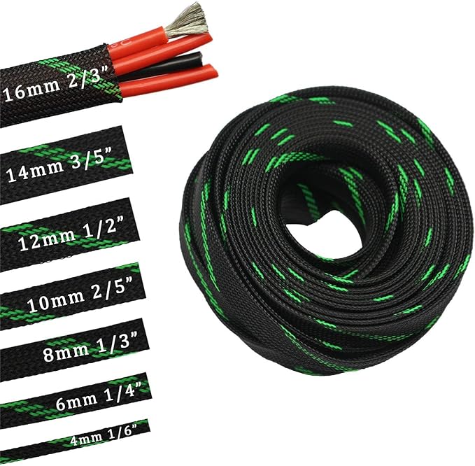 30ft PET Expandable Sleeving Wire Cable Sleeve (1/6", Green&Black)