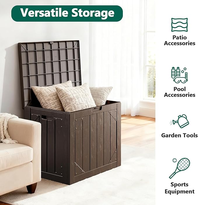 Outdoor Storage Box, 30 Gallon Deck Box Outdoor Storage Bench Outside Waterproof Resin Storage Bench, Lockable Patio Cushions, Garden Tools Storage For Furniture, UV Resistant(Brown)