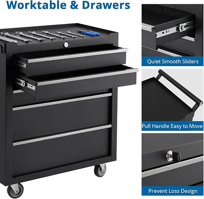 IDEALHOUSE Rolling Tool Chest, 5 Drawers Tool Storage Cabinet, Toolbox with Wheels, Portable Tool Cabinet Organizer with Locking System & Drawer Liners, Tool Storage Cart for Garage, Workshop, Black
