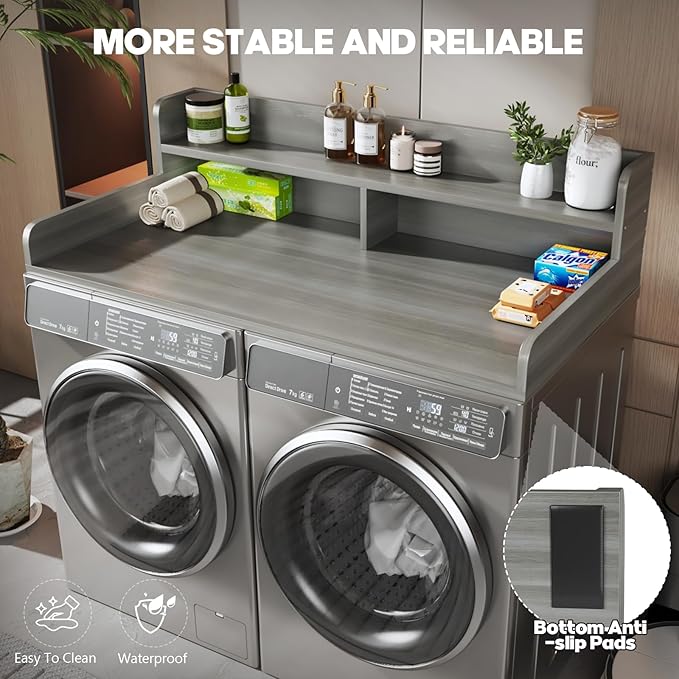 2-Tier Washer And Dryer Countertop With 2.75"H Guard,54"W x 27.5"D Laundry Countertop Cover With Non-Slip Pad,Large Space Laundry Topper For Folding Clothes Over Washer And Dryer-Stripe Gray