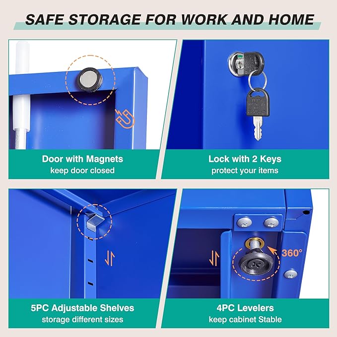 SISESOL Blue Metal Storage Cabinet with 6 Shelves,71" Garage Storage Cabinet with Lock,6 Tier Steel Cabinets with Locking Doors,Lockable Cabinets for Home,Office,Shop,Garage