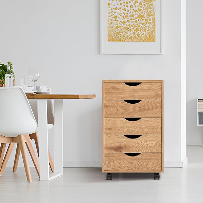 Naomi Home Taylor 5 Drawer Chest, Wood Storage Dresser Cabinet with Wheels, Craft Storage Organization, Makeup Drawer Unit for Closet, Bedroom, Office File Cabinet 180 lbs Total Capacity - Natural