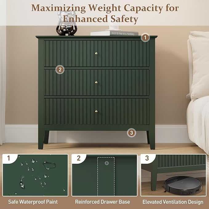 RoyalCraft Green Fluted 3 Drawer Dresser, 32 inch Wide Dresser Nightstand for Bedroom, Modern Wood Chest of Drawers, Large Painted Nightstand with 3 Drawers for Closet, Hallway, Entryway
