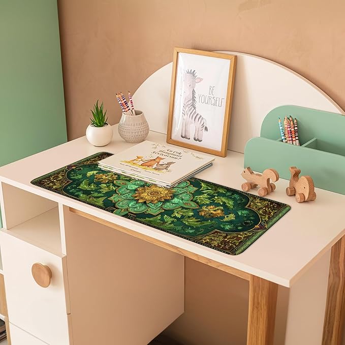 Green Vintage Floral Mouse Pad – Large Extended Desk Mat 31.5 x 11.8 in– Ornate Oriental Carpet Design with Gold & Emerald Motif, Keyboard & Mouse Pad for Office & Home