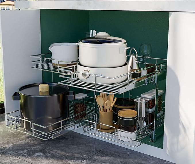 LOVMOR 2 Tier Individual Pull Out Cabinet Organizer 11½" W x 21½" D, Slide Out Kitchen Cabinet Storage Sliding Shelves