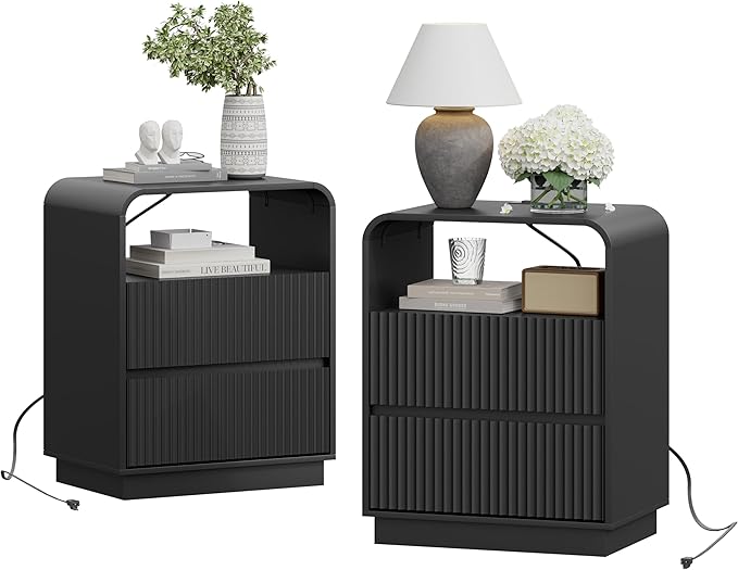 Black Nightstands Set of 2 with Charging Station, Mid Century Modern End Tables & Bedside Tables, Fluted Wood Small Night Stands with 2 Hidden Drawers and Storage Shelf for Bedroom