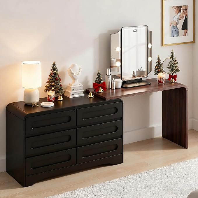 6 Drawer Dresser with Extendable Table, L-Shaped Desk Vanity Combo, 47" Wood Dresser & Chest of Drawers, Modern Closet Clothes Storage Dressers Organizer for Bedroom Living Room Hallway, Black